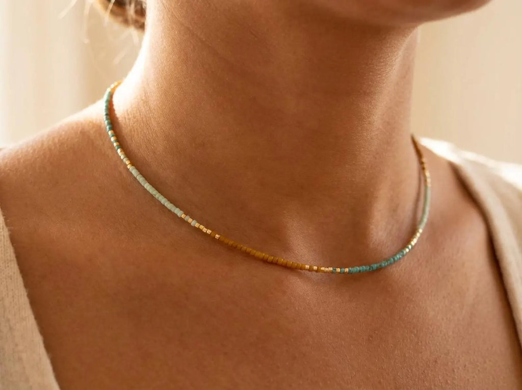 Gold and turquoise Miyuki pearl necklace